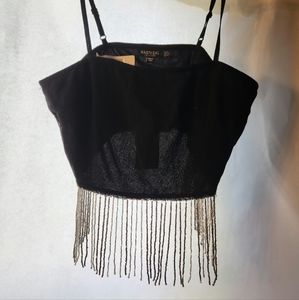Black Spaghetti Strap Cami with Silver Beaded Fringe Size 2 by Nasty Gal